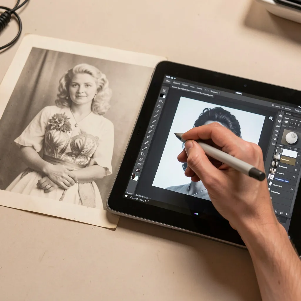 Retoucher repairing an old black-and-white portrait by hand on a tablet